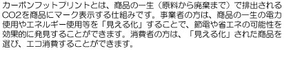 カーボンフットプリントとは、商品の一生（原料から廃棄まで）で排出されるCO2を商品にマーク表示する仕組みです。事業者の方は、商品の一生の電力使用やエネルギー使用等を「見える化」することで、節電や省エネの可能性を効果的に発見することができます。消費者の方は、「見える化」された商品を選び、エコ消費することができます。